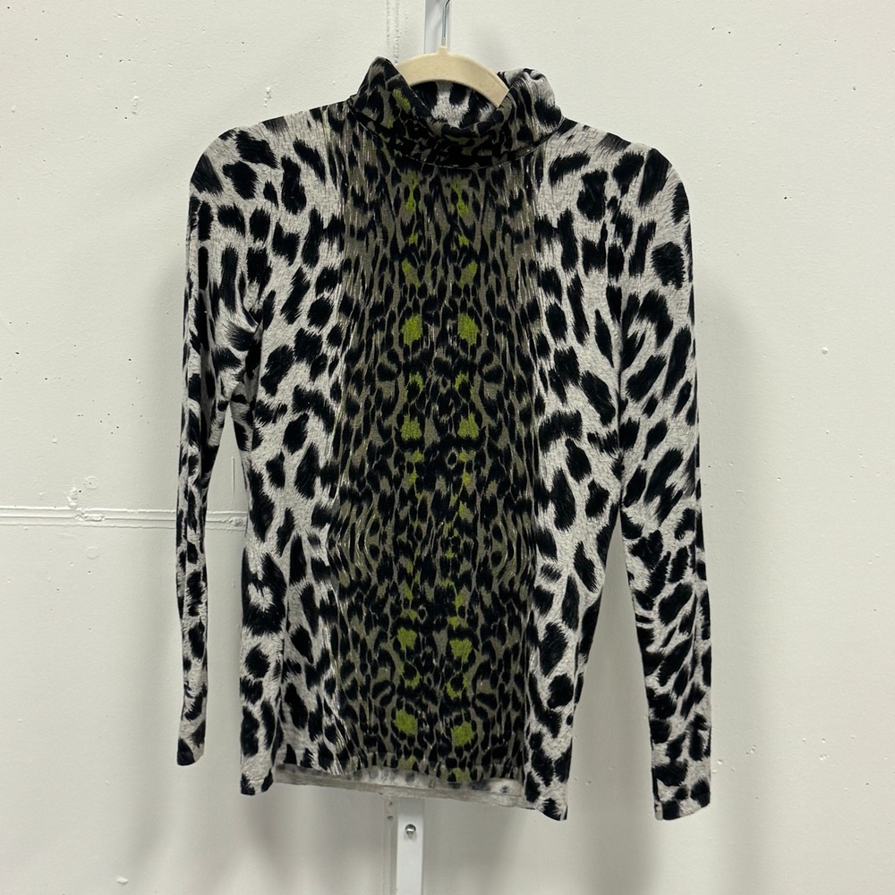 Vintage Belford Pima Cotton Blend Animal Print Turtleneck Sweater Gray Green Sm